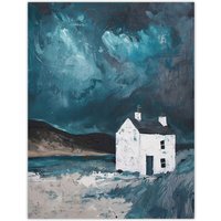 Artery8 Scottish Coastal Cottage Night Oil Painting Hills Wall Art Print in Blue | Size: W24" x H32"