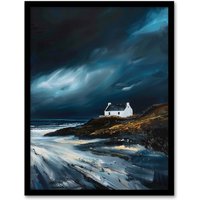 Artery8 Scottish Isle Cottage Oil Painting Stormy Coastal Framed Art Print in Blue | Size: W12" x H16"