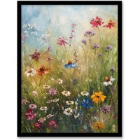 Artery8 Spring Wildflowers Oil Painting Colourful Floral Framed Art Print in Green | Size: A4