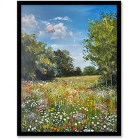 Artery8 Summer Wildflower Meadow Landscape Summer Oil Framed Art Print in Green | Size: W12" x H16"