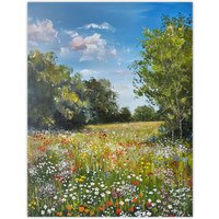Artery8 Summer Wildflower Meadow Landscape Summer Oil Wall Art Print in Green | Size: W18" x H24"