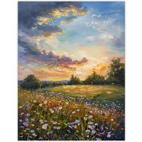 Artery8 Wildflower Meadow Landscape Oil Painting Spring Wall Art Print in Green | Size: W12" x H16"