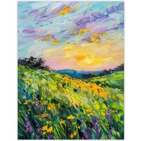 Artery8 Lavender Daffodil Meadow Sunset Oil Painting Wall Art Print in Green | Size: W18" x H24"