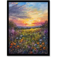 Artery8 Wildflower Meadow at Sunset Oil Painting Summer Framed Art Print | Size: W12" x H16"