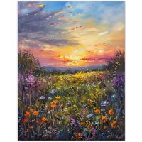 Artery8 Wildflower Meadow at Sunset Oil Painting Summer Wall Art Print | Size: W12" x H16"