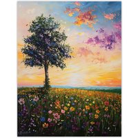 Artery8 Tree Spring Wildflower Meadow Sunset Oil Painting Wall Art Print in Orange | Size: W12" x H16"