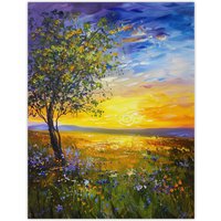 Artery8 Tree Wildflower Meadow at Sunset Oil Painting Wall Art Print | Size: W12" x H16"