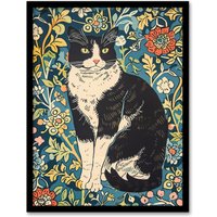 Artery8 Cat in the Flowers Portrait Animal Lover Framed Art Print in Blue | Size: A4