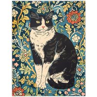 Artery8 Cat in the Flowers Portrait Animal Lover Wall Art Print in Blue | Size: W18" x H24"
