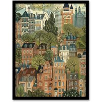 Artery8 Townhouses in Trees Cityscape Painting Framed Art Print | Size: A4
