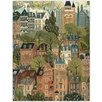 Artery8 Townhouses in Trees Cityscape Painting Wall Art Print | Size: W12" x H16"