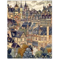 Artery8 Cityscape Painting of Townhouses in Trees Wall Art Print in Beige | Size: W24" x H32"