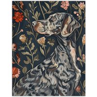 Artery8 Dog Smelling Roses Portrait Charming Floral Wall Art Print in Blue | Size: W24" x H32"