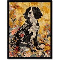 Artery8 Spaniel in Wildflowers Portrait Floral Animal Framed Art Print in Yellow | Size: A4