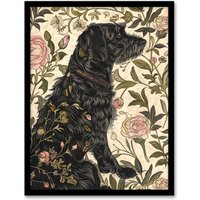 Artery8 Dog in Carnations Painting Botanical Vintage Framed Art Print in Green | Size: A4