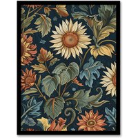 Artery8 Sunflowers in Leaves Painting Classic Vintage Framed Art Print in Navy | Size: W12" x H16"
