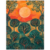 Artery8 Warm Sunrise Over Forest Painting Nature Wall Art Print in Orange | Size: W12" x H16"