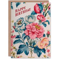 Artery8 Birthday Card Retro Style Flowers Pink Blue Floral Pattern