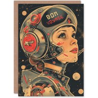 Artery8 Farewell Card Bon Voyage Space Cadet Woman Astronaut Greeting Card in Grey