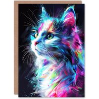Artery8 Birthday Card Colourful Neon Kitty Portrait Cat Lover Greeting Card in Blue