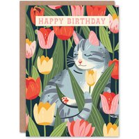 Artery8 Birthday Card Cat Lover Grey Kitty Laying in Tulip Flower Field in Green