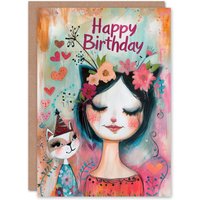 Artery8 Birthday Card Cat Lover Lady Party Hat Cute Floral Portrait