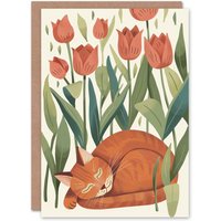 Artery8 Birthday Card Cat Lover Orange Tabby Sleeping Among Tulips in Green