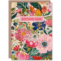 Artery8 Birthday Card Floral Babe Colourful Watercolour Flower Pattern in Pink