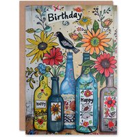Artery8 Birthday Card Spring Flowers in Floral Wine Bottle Vases Greeting Card in Blue