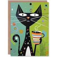 Artery8 Birthday Card Cat Lover Happy Kitty with Coffee Cup Greeting Card in Green