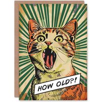 Artery8 Birthday Card How Old Shocked Cat Lover Comic Book Style Greeting Card in Green