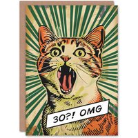Artery8 Birthday Card 30 Omg Shocked Cat Lover Comic Book Style Greeting Card in Green