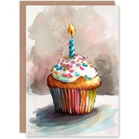 Artery8 Birthday Card Watercolour Cupcake Colourful Sprinkles Candle
