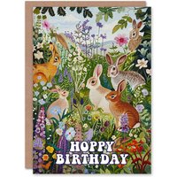 Artery8 Birthday Card Hoppy Cute Bunny Rabbits in Flower Meadow Greeting Card in Green