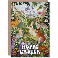 Artery8 Easter Card Hoppy Cute Bunny Rabbits in Flower Meadow Greeting Card in Green