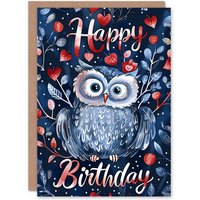 Artery8 Birthday Card Cute Blue Owl Red Love Hearts Design Greeting Card