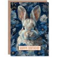 Artery8 Birthday Card Cute Bunny Rabbit Blue Flower Pattern Greeting Card