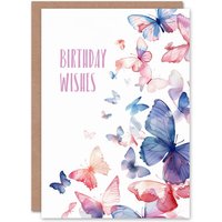 Artery8 Birthday Card Wishes Butterfly Watercolour Bright Design Greeting Card in White