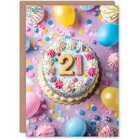 Artery8 Birthday Card Twenty One 21 Cake Party Balloons Confetti Greeting Card in Pink