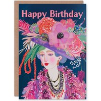 Artery8 Birthday Card Floral Fashion Dame with Fancy Hat Portrait
