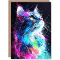 Artery8 Birthday Card Cat Lover Galactic Kitty Neon Colour Portrait