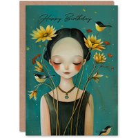 Artery8 Birthday Card Garden Flower Bird Lady Cute Portrait Greeting Card in Green