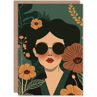 Artery8 Birthday Card Retro Chic Fashion Sunglasses Floral Portrait in Green