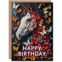 Artery8 Birthday Card Horse Butterflies Mosaic Nature Floral Portrait For Kids