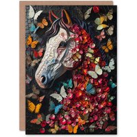Artery8 Birthday Card Butterflies Horse Mosaic Nature Floral Portrait For Kids
