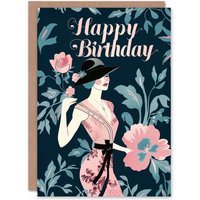 Artery8 Birthday Card Elegant Fashion Lady Blue Pink Floral Design