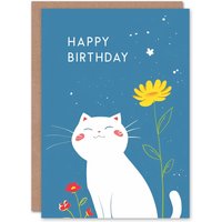 Artery8 Birthday Card White Cat Lover Cute Smiling Kawaii Kitty Floral in Blue