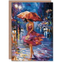 Artery8 Birthday Card City Lady Night Out Rain Umbrella Oil Painting in Blue