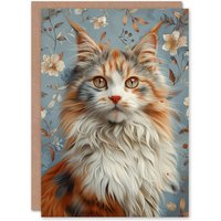Artery8 Birthday Card Fluffy Maine Coon Cat Lover Retro Floral Pattern in Blue