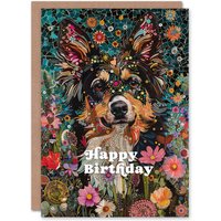 Artery8 Birthday Card Collie Dog Lover Cute Floral Portrait Mosaic in Blue
